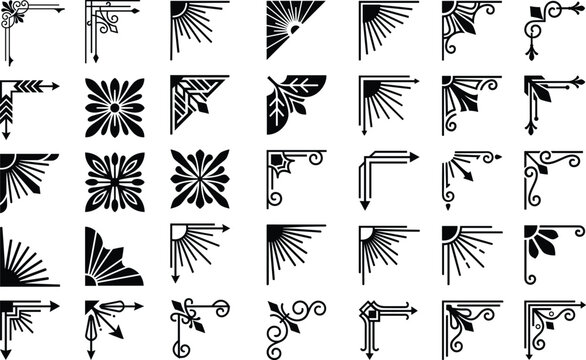 Black decorative corner elements for vintage design and frames on transparent background.