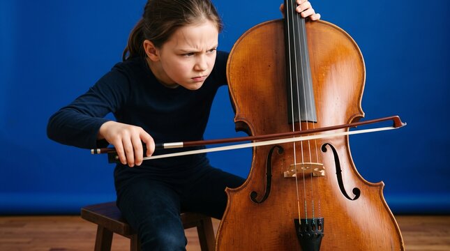 Girl preparing to bow cello while sitting on a stool with focus  