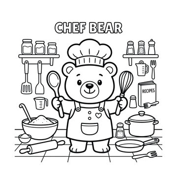 Cute Bear Chef Coloring Page For Kids Vector Illustration