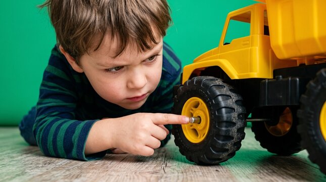 Boy inspecting wheels on toy truck with focused expression  
