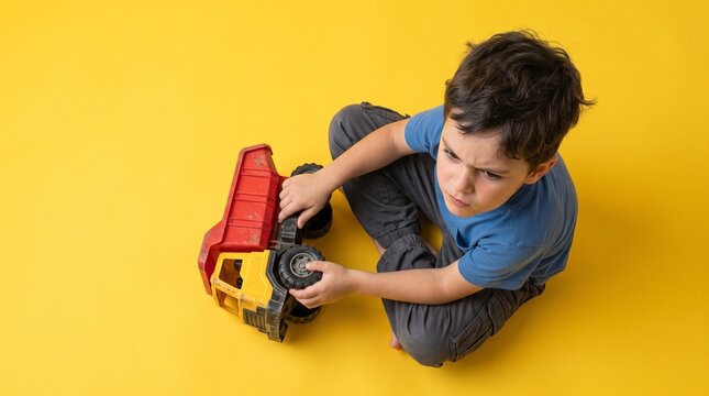 Boy inspecting wheels on toy truck while sitting on a yellow floor  