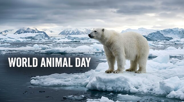 Polar bear on ice floe in the Arctic with World Animal Day text for wildlife conservation awareness
