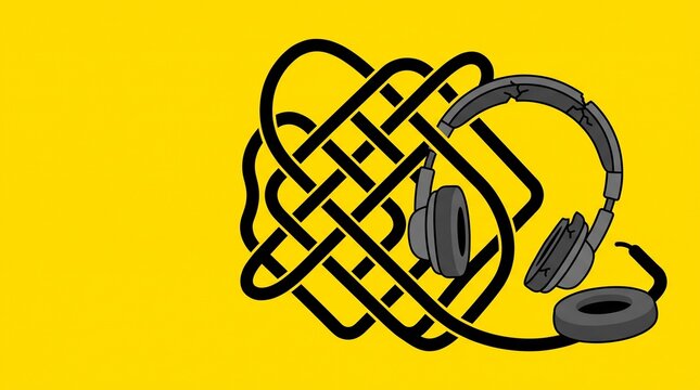 Broken headset tangled in wires and decorative knot on a yellow background  