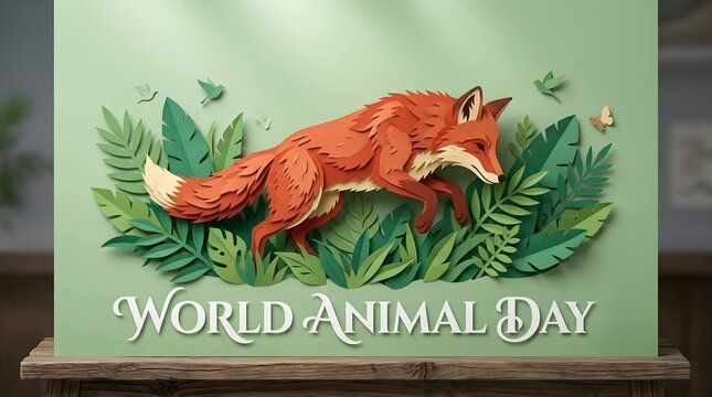 Paper cut style red fox jumping over green leaves for World Animal Day celebration banner