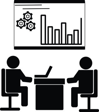 Business Meeting and Data Analysis Presentation with People and Chart Icon