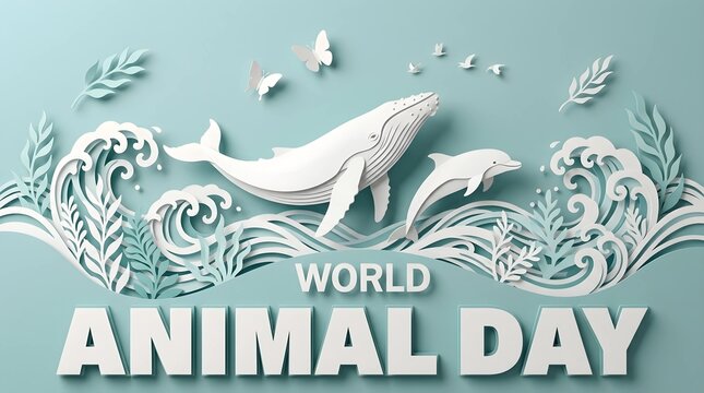 World Animal Day paper cut illustration with whale and dolphin in blue ocean waves.