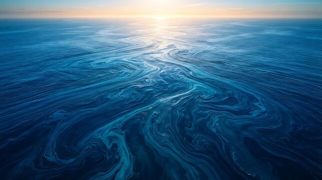 Aerial view of swirling ocean currents and deep blue water patterns reflecting the golden light of a sunrise or sunset over the vast open sea