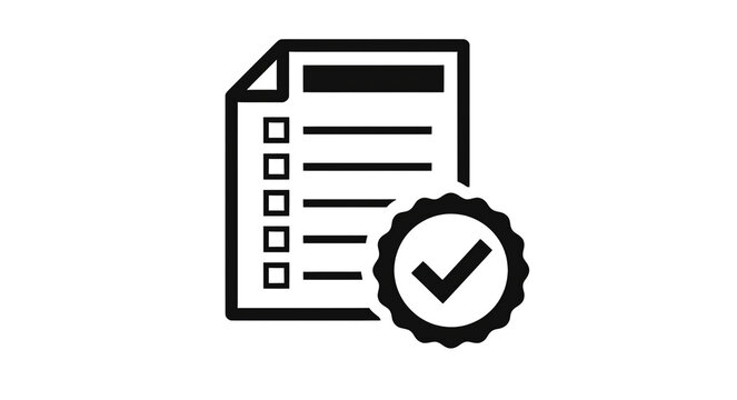 Flat black pictogram of a certification document with a prominent circular approval badge containing a checkmark