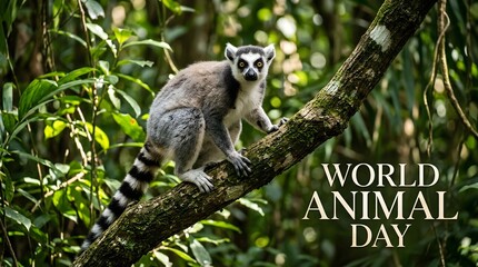 Naklejka premium Ring-tailed lemur perched on tree branch in lush jungle forest for World Animal Day celebration.