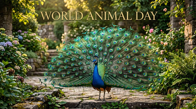 Stunning Peacock Displaying Feathers in Garden for World Animal Day Awareness