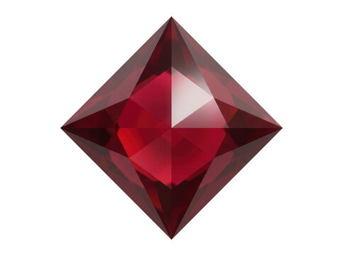 Una gema de rub&iacute; rojo brillante con corte de diamante facetado aislada sobre un fondo blanco puro, ideal para joyer&iacute;a de lujo, dise&ntilde;o de moda y conceptos de elegancia y riqueza.