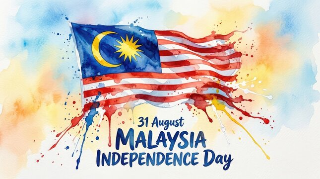 31 August Malaysia Independence Day banner with artistic watercolor splash flag effect