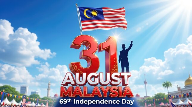 31 August Malaysia 69th Independence Day banner with cheering people silhouettes, flag, and bright sun rays