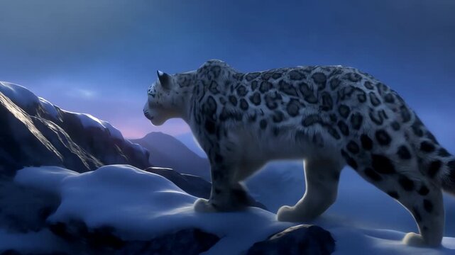 Majestic Snow Leopard Walking on a Snowy Mountain Peak at Twilight