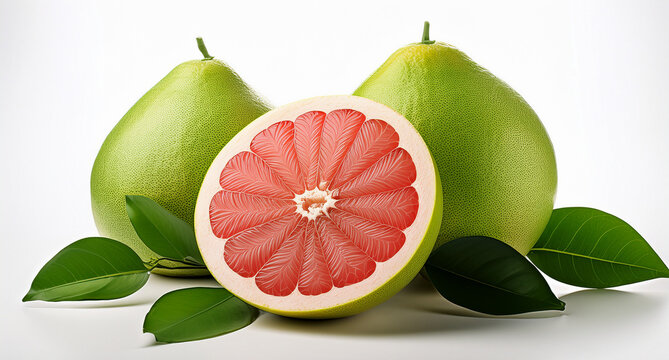 Fresh green pomelo, red flesh when cut open, used in cooking, native to tropical regions.