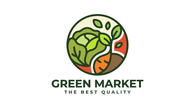 Green Market logo design featuring fresh vegetables and organic produce emblem.