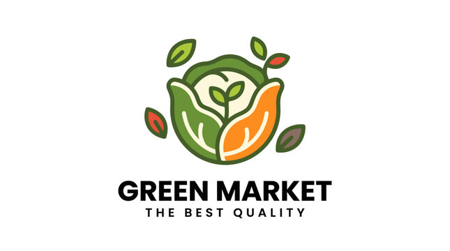 Green Market logo design with fresh cabbage and organic leaves illustration.