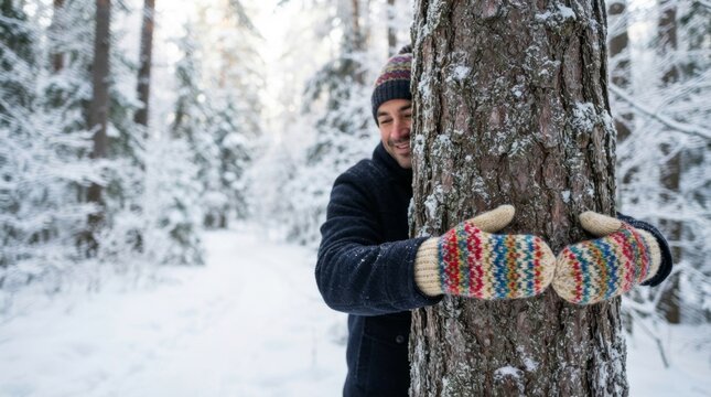 Man hugging tree trunk in snowy winter forest. Environmental conservation and love for nature concept. Ecology and sustainability lifestyle in cold season.