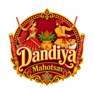 Golden Dandiya Mahotsav Typography Logo with Traditional Dandiya Dancers Vector Design