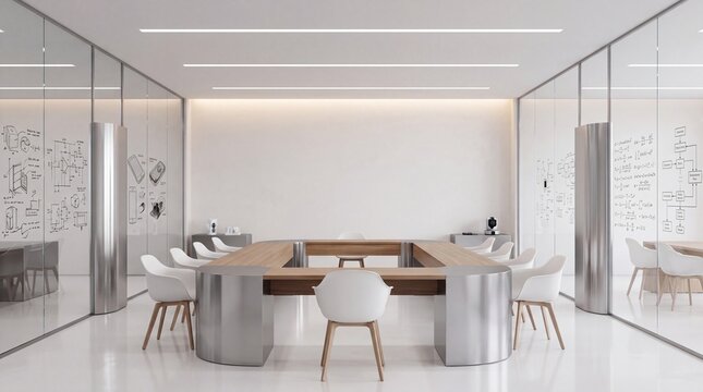 Modern Boardroom Interior in Minimalist Office with Glass Walls