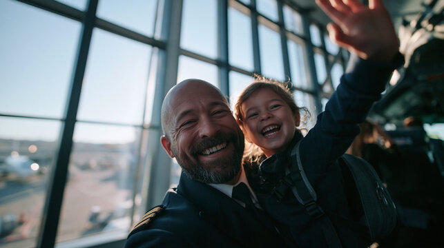 Pilot Father Holding Joyful Daughter at Airport Terminal