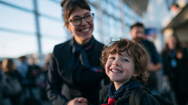 Flight Attendant Assisting Happy Child Passenger at Airport