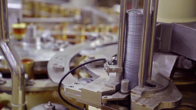 Canned fish in tomato sauce moving on conveyor belt in factory