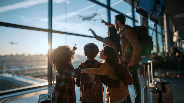 Family Looking at Airplane Through Airport Window