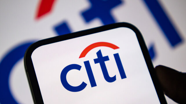 Citi bank logo with red arc shown on smartphone screen representing global investment banking and financial services.