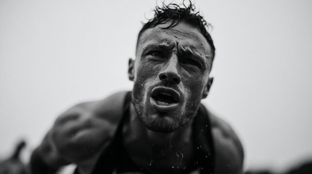 Exhausted Male Athlete Pushing Through Intense Workout