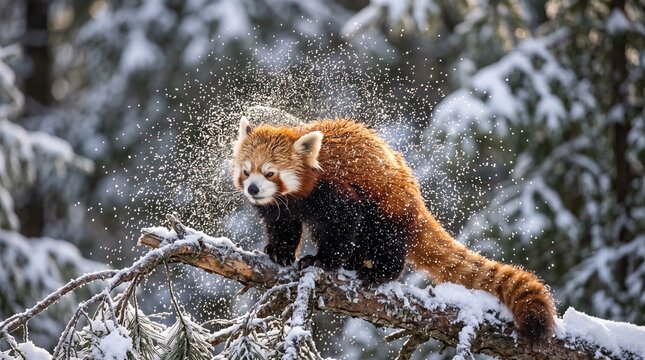Red Panda Shaking Off Snow on Tree Branch in Winter