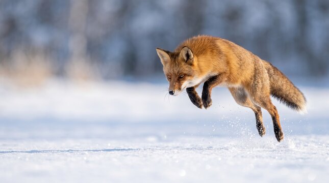 Red Fox Jumping in Snow Hunting in Winter