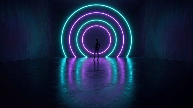 Silhouette Standing in Front of Glowing Neon Circles