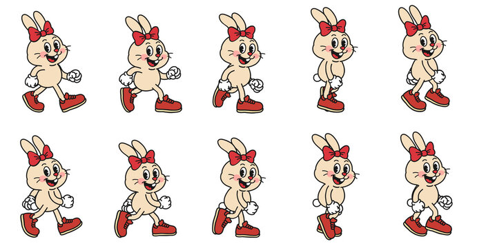 Sprite sheet of a cute female rabbit character walking cycle in vintage retro cartoon style