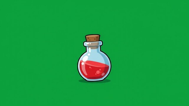 Cartoon magic potion bottle with red liquid isolated on a green background