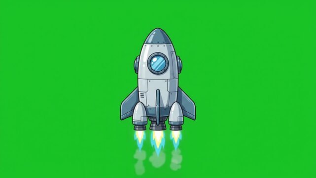 Cartoon rocket ship flying with fire exhaust isolated on green screen background