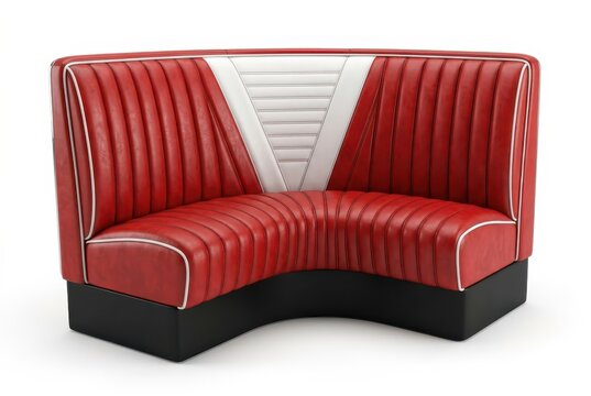 Retro 1950s Style Red and White Curved Diner Booth Seat Isolated on White Background for Restaurant Interior Design