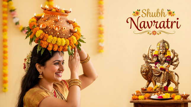 Indian woman playing traditional Garba raas with Diya kalash pot on her head , goddess Durga puja, with text 'Shubh Navratri' (nine night Festival) Indian Hindu Festival concept