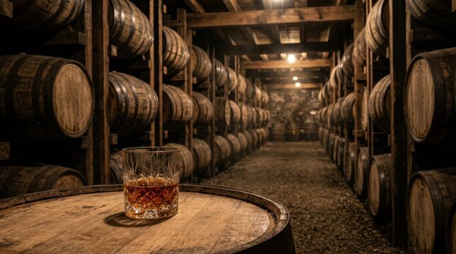 Glass of whiskey on an oak barrel in a distillery cellar