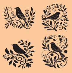 Fototapeta premium Elegant Bird and Botanical Floral Ornament Vector Set