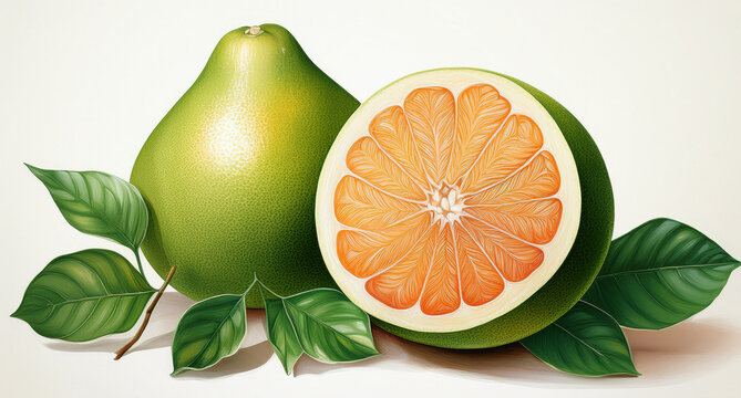 Fresh green pomelo with orange flesh, used in cooking, native to tropical regions.