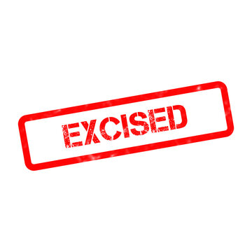 Excised red rubber stamp on white background, grungy rectangular excised ink mark, weathered red text stamp for document removal