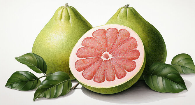 Fresh green pomelo, red flesh, used in cooking, native to tropical regions.