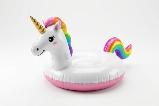 Inflatable Unicorn Pool Float with Rainbow Mane and Golden Horn Isolated on White Background for Summer Fun