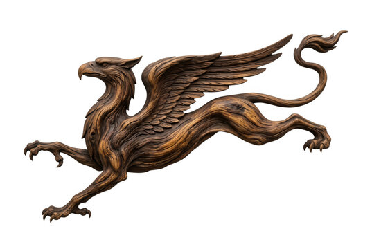 Una impresionante escultura de madera tallada de un grifo mitol&oacute;gico en posici&oacute;n de salto, con detalles intrincados de alas y garras, aislada sobre un fondo blanco puro para dise&ntilde;o creativo.