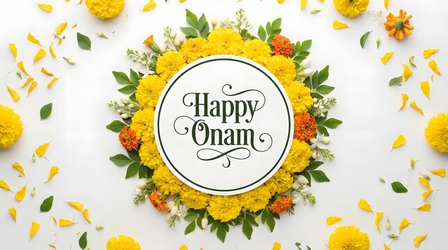 Happy onam greeting card with vibrant marigold flower arrangement isolated on white background