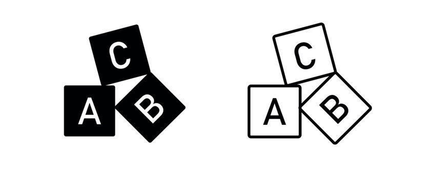 Alphabet ABC toy blocks icon set in solid black and outline line styles representing early education and child development.