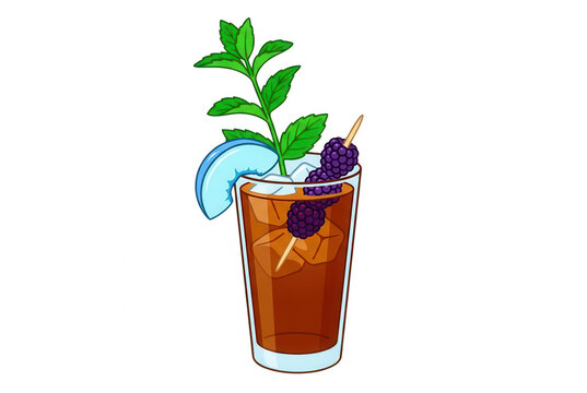 Ilustraci&oacute;n vectorial de un refrescante c&oacute;ctel de t&eacute; helado con moras frescas, una rodaja de manzana y una rama de menta verde en un vaso de cristal con cubitos de hielo sobre fondo blanco.