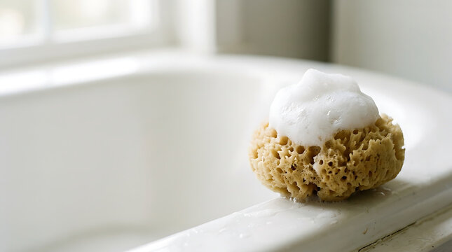 Natural sea sponge with white soapy foam on the edge of a clean white bathtub