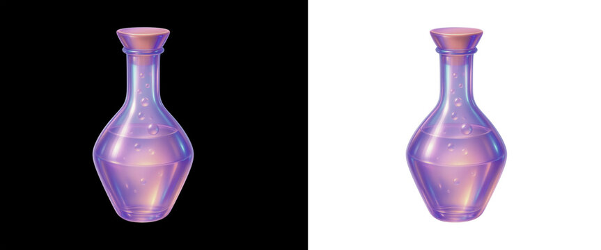 3D holographic gradient purple magic potion bottle isolated on transparent background